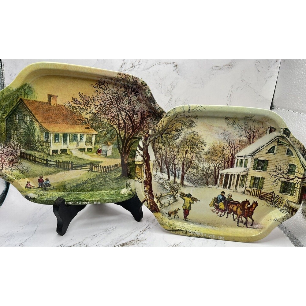 2 Metal Trays Currier & Ives Prints Scenes Small Serving 7.5"L x 6.25"W Vintage